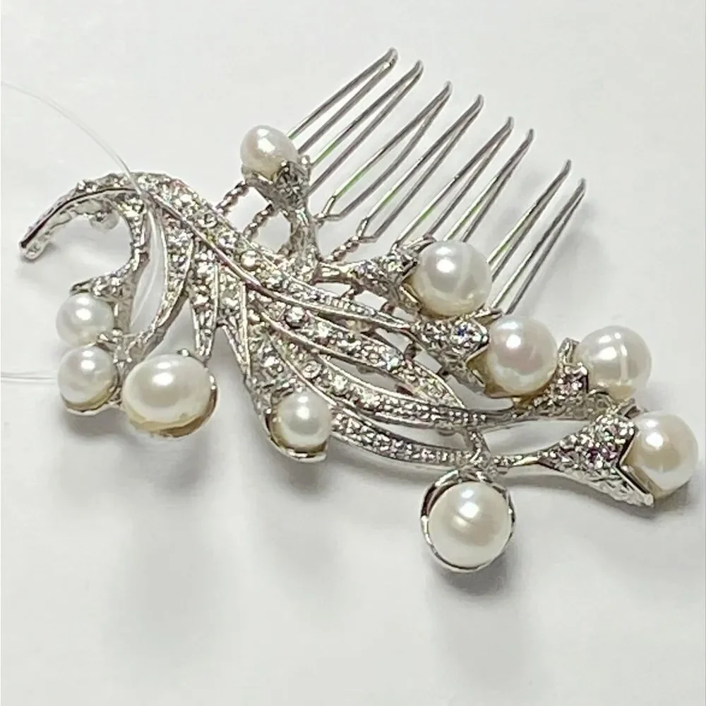 Homa Bridal Crystal and Pearl Silver Bridal Hair Comb Headpiece Hair Jewelry